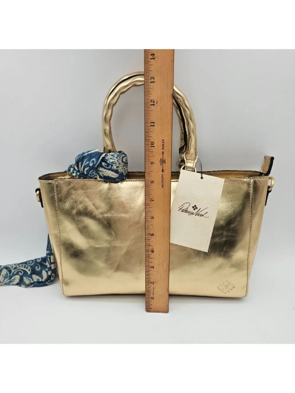 Patricia Nash Tote Shoulder Metallic Leather Handbag Aileen Greek Gold Scarf NWT